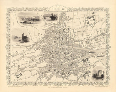 Alte Karte von Kork, Irland, 1851 von Tallis & Rapkin - viktorianisches Viertel, Zentral, Popes Kai, Fluss Lee, Münster