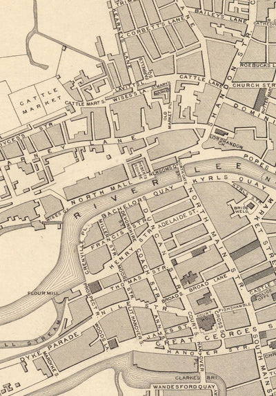 Ancienne carte de Cork, Irlande, 1851 par Tallis & Rapkin - Victorian Quartier, Central, Popes Quay, River Lee, Munster