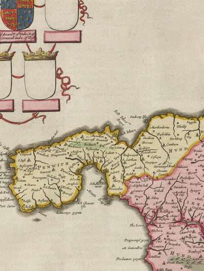 Viejo Mapa de Cornwall en 1665 por Joan Blaeu - Penzance, St Ives, Falmouth, Tierres End, Padstow, Redruth, País Oeste