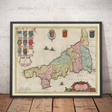 Ancienne carte de Cornwall en 1665 par Joan Blaaeu - Penzance, St Ives, Falmouth, Terres Fin, Padstow, Redruth, Pays Ouest