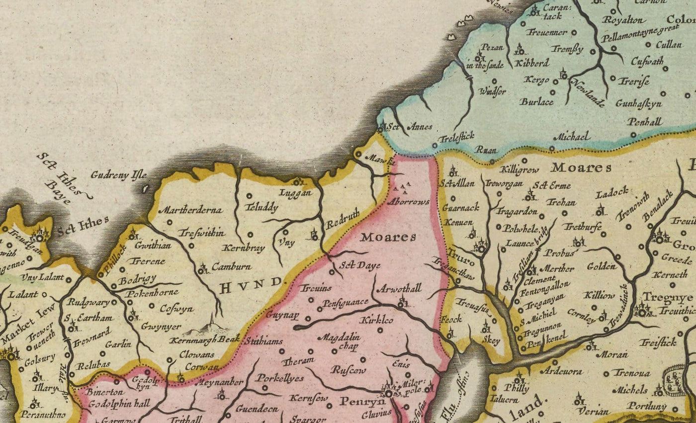 Viejo Mapa de Cornwall en 1665 por Joan Blaeu - Penzance, St Ives, Falmouth, Tierres End, Padstow, Redruth, País Oeste