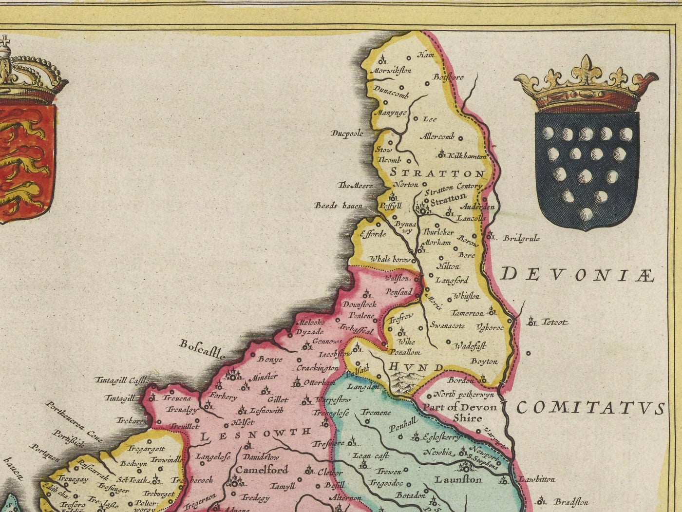 Alte Karte von Cornwall im Jahre 1665 von Joan Blaeu - Penzance, St. Ives, Falmouth, Landsende, Padstow, Redruth, Westland