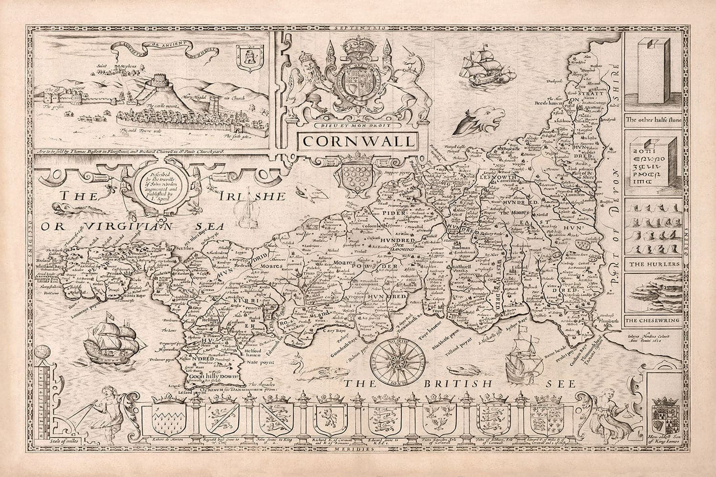Ancienne carte de Cornwall en 1611 à la vitesse - Penzance, St Ives, Plymouth, Terres Fin, Padstow