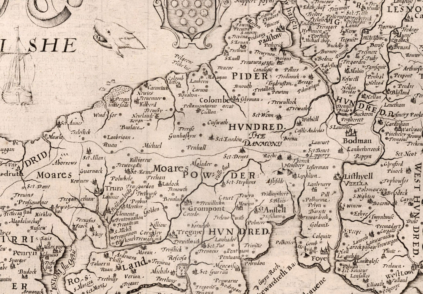 Viejo mapa de Cornwall en 1611 por Speed ​​- Penzance, St Ives, Plymouth, Tierres End, Padstow