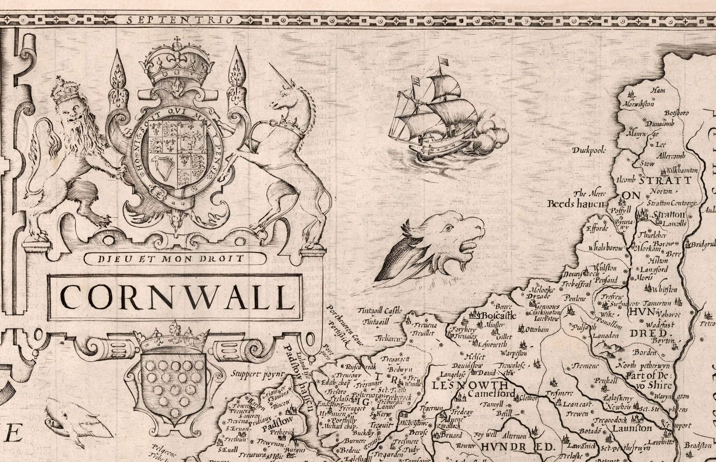 Alte Karte von Cornwall im Jahre 1611 per Geschwindigkeit - Penzance, St. Ives, Plymouth, Landsende, Padstow