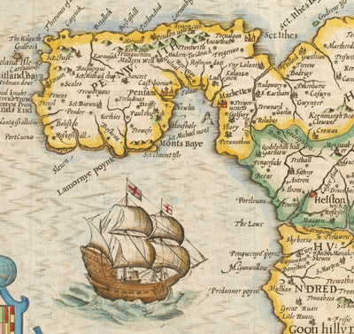 Ancienne carte de Cornwall, 1611 par John Speed ​​- Falmouth, Redruth, St Austell, Truro, Penzance