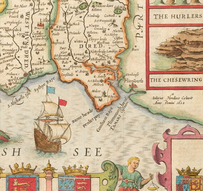 Ancienne carte de Cornwall, 1611 par John Speed ​​- Falmouth, Redruth, St Austell, Truro, Penzance