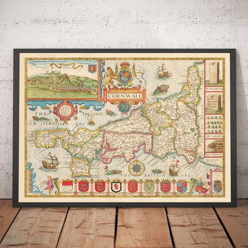 Old Map of Cornwall, 1611 by John Speed - Falmouth, Redruth, St Austell, Truro, Penzance