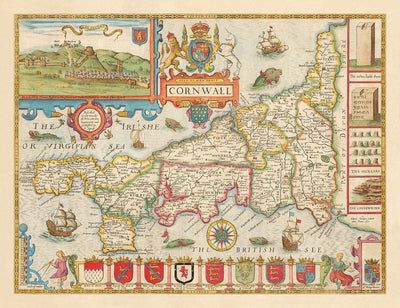Viejo mapa de Cornwall, 1611 de John Speed ​​- Falmouth, Redruth, St Austell, Truro, Penzancia