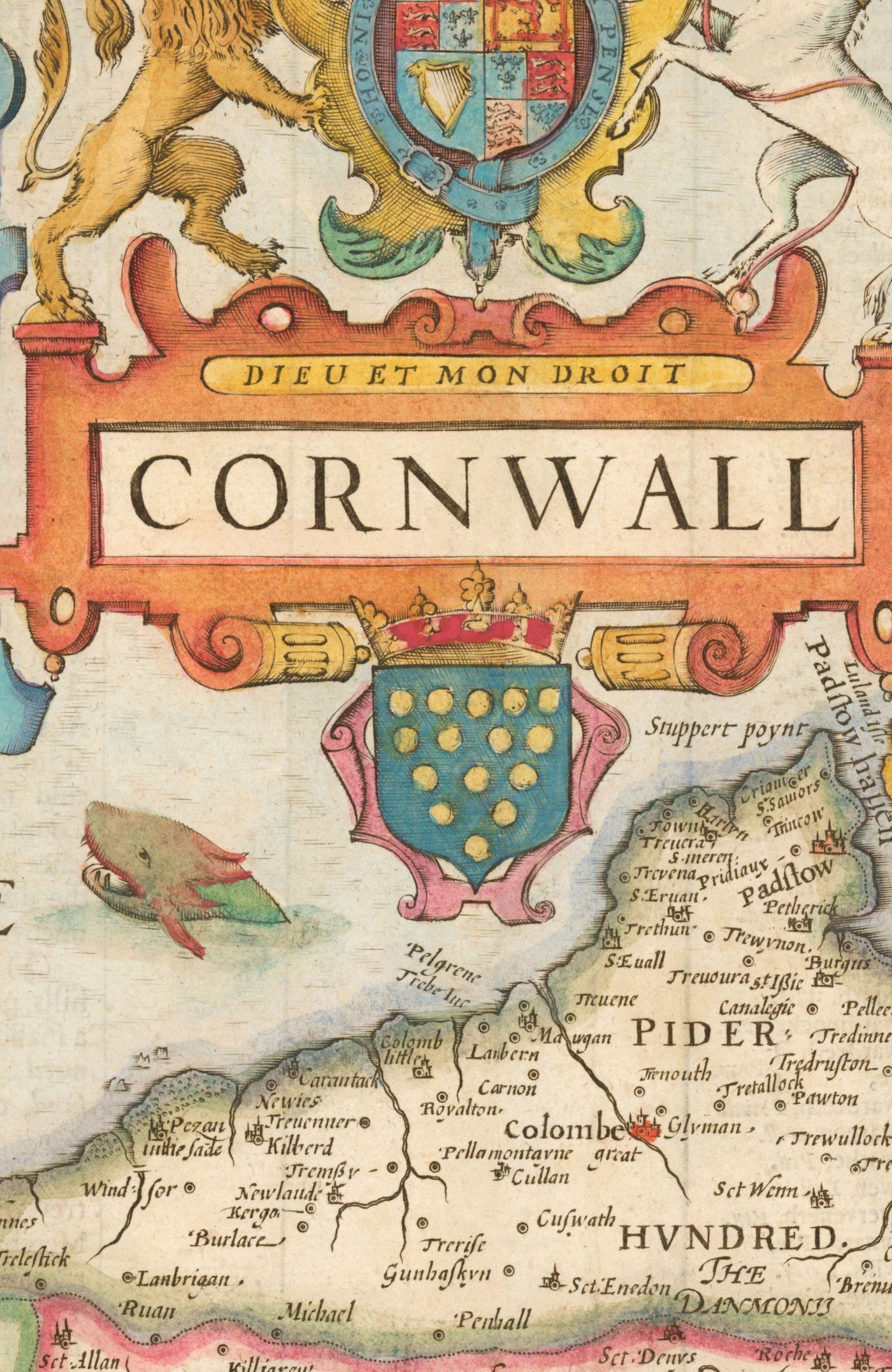 Old Map of Cornwall, 1611 by John Speed - Falmouth, Redruth, St Austell, Truro, Penzance