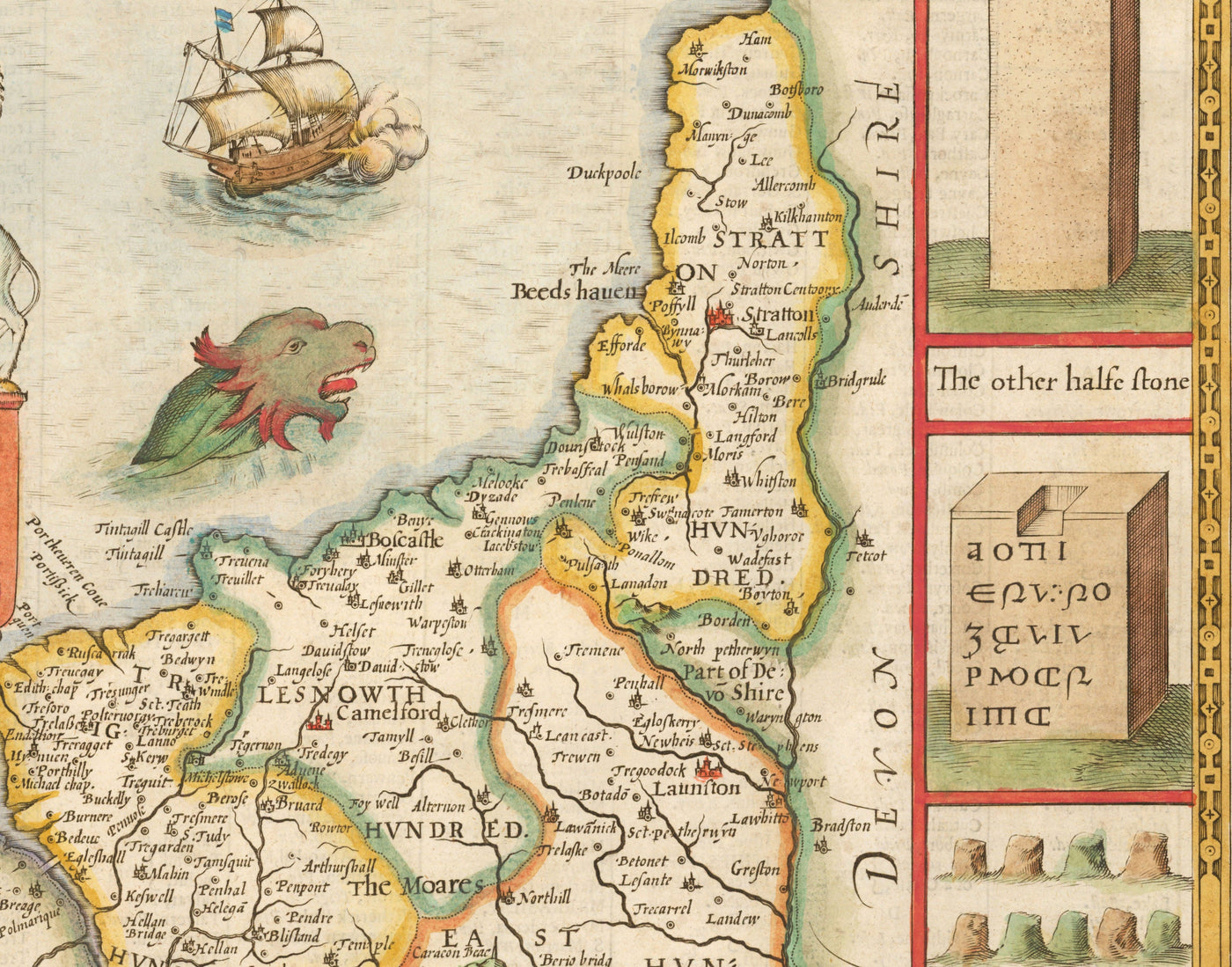 Old Map of Cornwall, 1611 by John Speed - Falmouth, Redruth, St Austell, Truro, Penzance