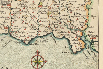 Alte Karte von Cornwall 1576 von Christopher Saxton - Penzance, St. Ives, Plymouth, Landsende, Padstow, St. Michael's Mount, Eidechse