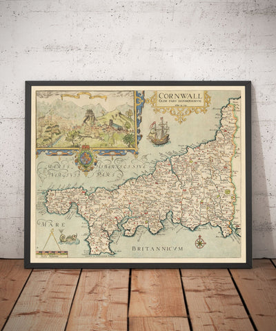 Ancienne carte de Cornwall en 1576 par Christopher Saxton - Penzance, St Ives, Plymouth, Lands Fin, Padstow, Saint Michel's Mont, Lézard