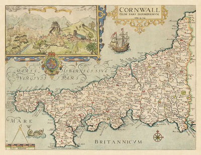 Viejo mapa de Cornwall en 1576 por Christopher Saxton - Penzance, St Ives, Plymouth, Lands Fin, Padstow, Monte de San Miguel, Lagarto