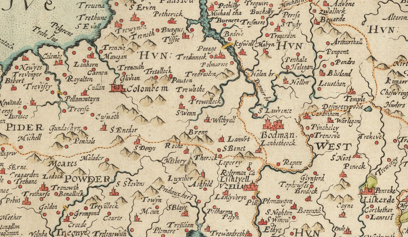 Viejo mapa de Cornwall en 1576 por Christopher Saxton - Penzance, St Ives, Plymouth, Lands Fin, Padstow, Monte de San Miguel, Lagarto