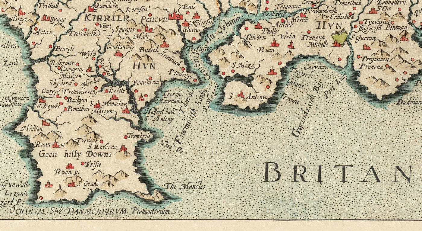 Old Map of Cornwall in 1576 by Christopher Saxton - Penzance, St Ives, Plymouth, Lands End, Padstow, St Michael's Mount, Lizard