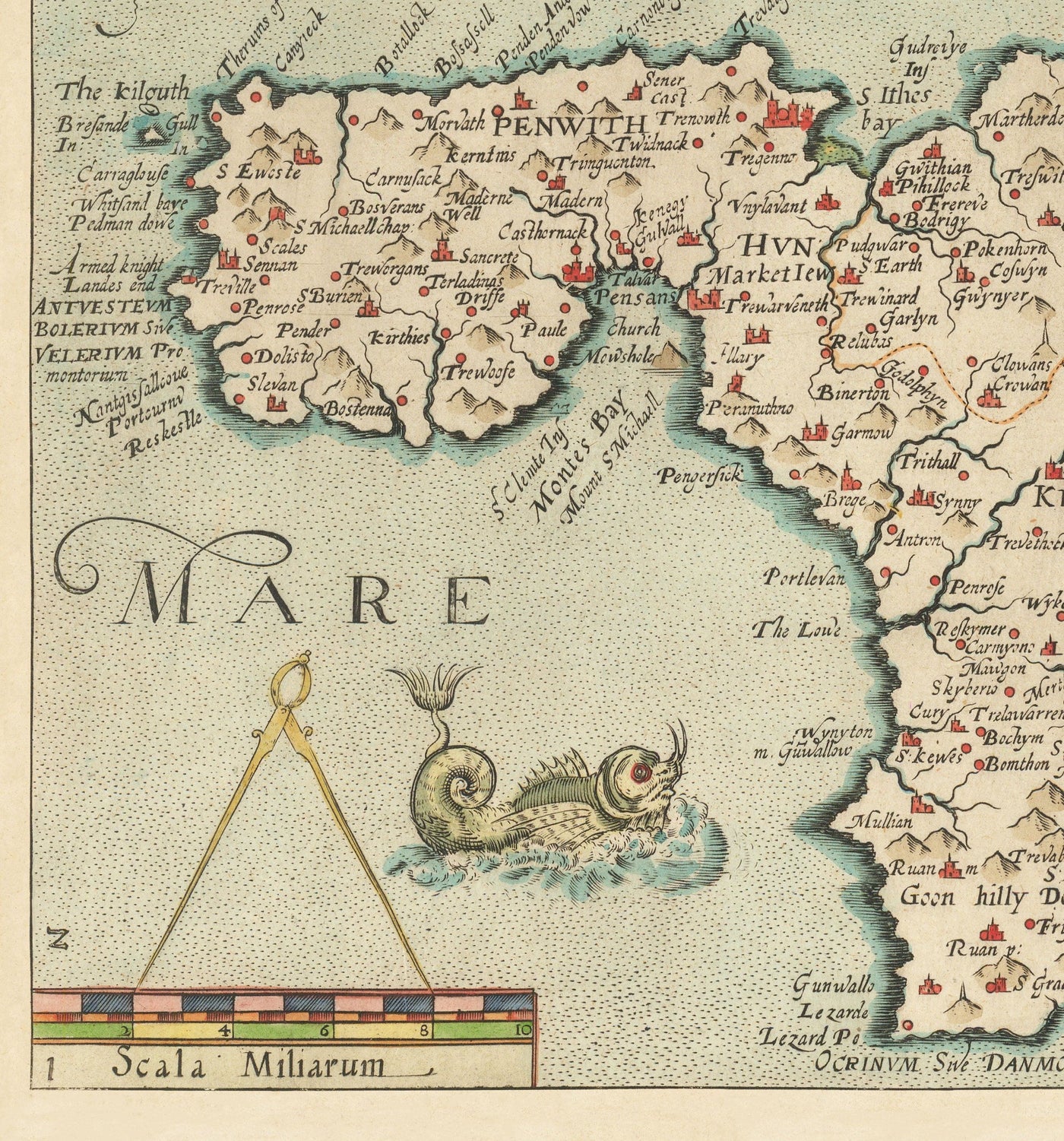 Ancienne carte de Cornwall en 1576 par Christopher Saxton - Penzance, St Ives, Plymouth, Lands Fin, Padstow, Saint Michel's Mont, Lézard
