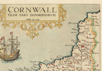 Old Map of Cornwall in 1576 by Christopher Saxton - Penzance, St Ives, Plymouth, Lands End, Padstow, St Michael's Mount, Lizard