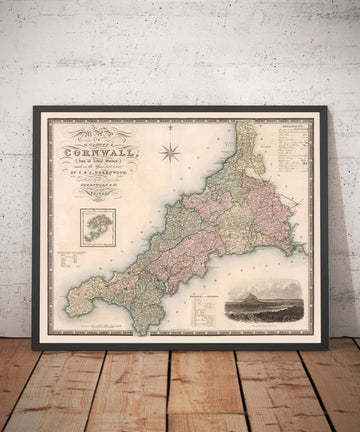 Mappa antica della Cornovaglia e delle Scilly, 1829 di Greenwood & Co. - Penzance, St Ives, Plymouth, Lands End, Padstow 