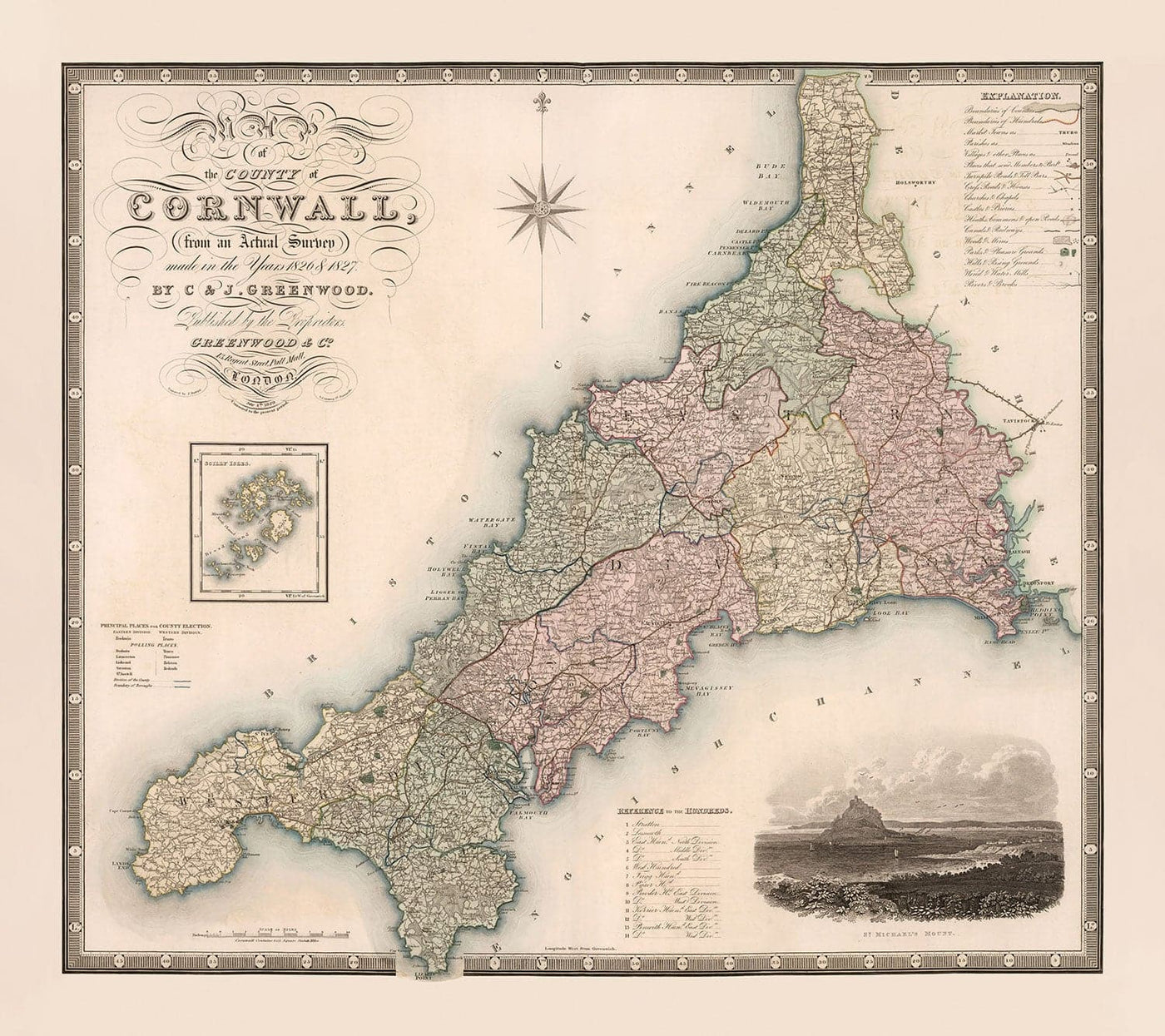 Ancienne carte de Cornwall et Scilly, 1829 par Greenwood & Co. - Penzance, St Ives, Plymouth, Terres fines, Padstow