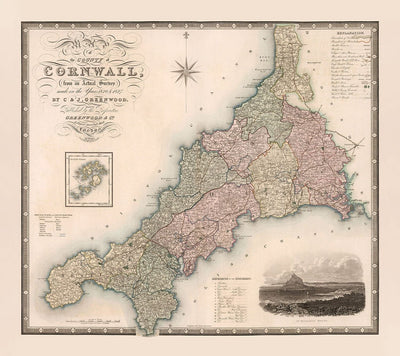 Viejo mapa de Cornwall y Scilly, 1829 de Greenwood & Co. - Penzance, St Ives, Plymouth, Tierres End, Padstow
