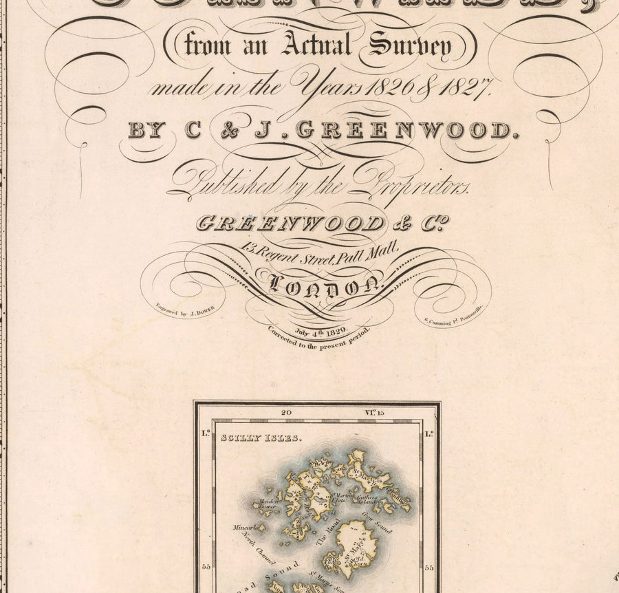Mappa antica della Cornovaglia e delle Scilly, 1829 di Greenwood & Co. - Penzance, St Ives, Plymouth, Lands End, Padstow 