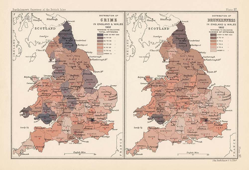 Ancienne Carte du crime et de l'ivresse en Angleterre et au Pays de Galles, 1904 - Grande-Bretagne 1901 Recensement et démographie