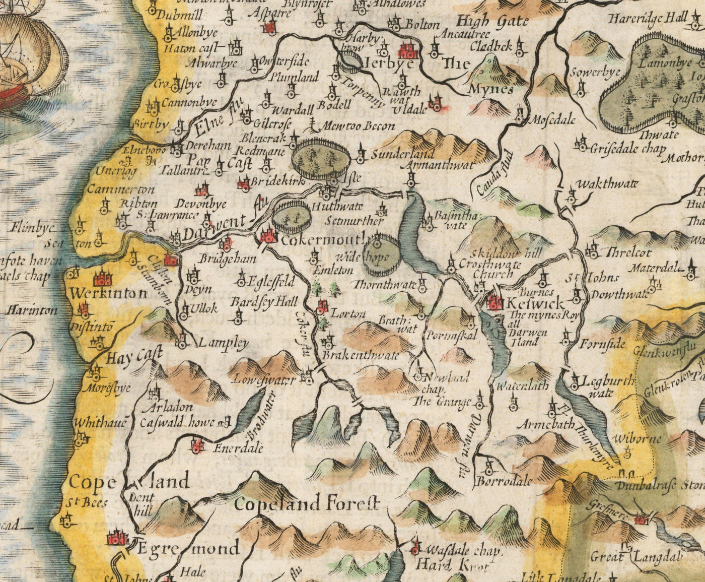 Viejo mapa de Cumbria, 1611 de John Speed ​​- Cumberland, Carlisle, Keswick, Lake District, Windermere
