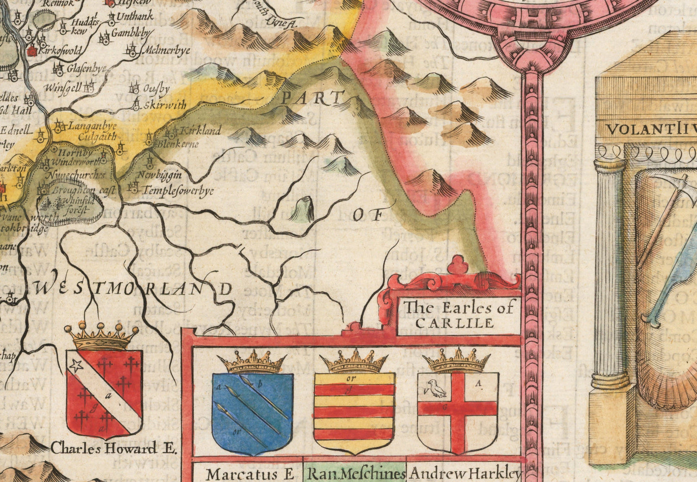 Ancienne carte de Cumbria, 1611 par John Speed ​​- Cumberland, Carlisle, Keswick, Lac District, Windermere