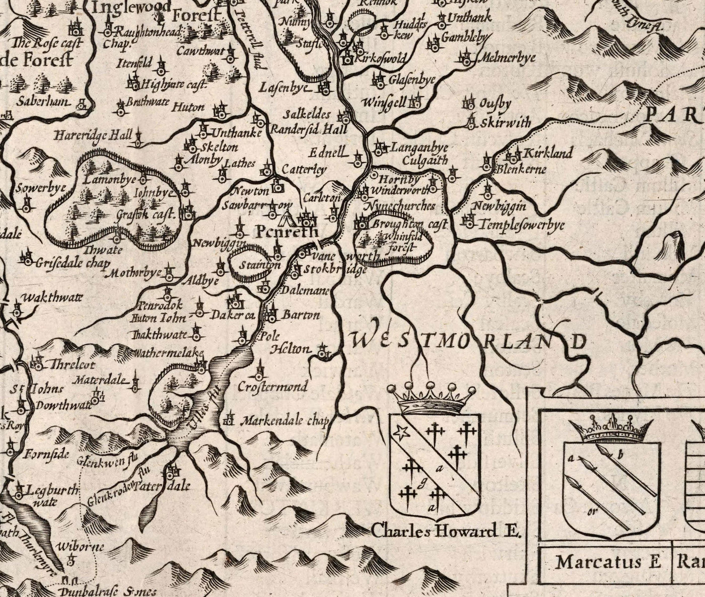 Alte Karte von Cumbria, 1611 von John Speed ​​- Cumberland, Carlisle, Keswick, Lake District, Windermere, Pictusine & Hadrians Wand