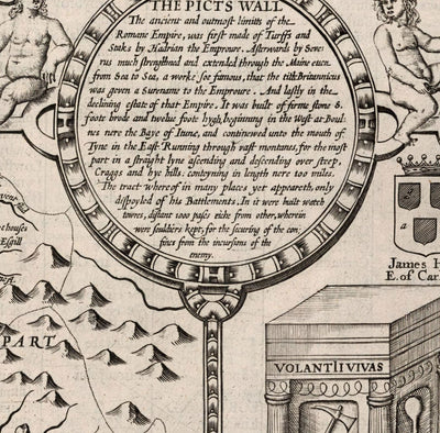 Viejo mapa de Cumbria, 1611 de John Speed ​​- Cumberland, Carlisle, Keswick, Distrito de los lagos, Windermere, Picts & Hadrian Wall