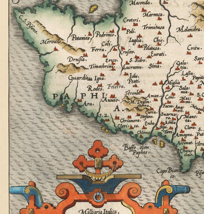 Mapa antiguo raro de Chipre por Abraham Ortelius, 1573 - Nicosia, Kyrenia, Famagusta, Limassol, PAFOS