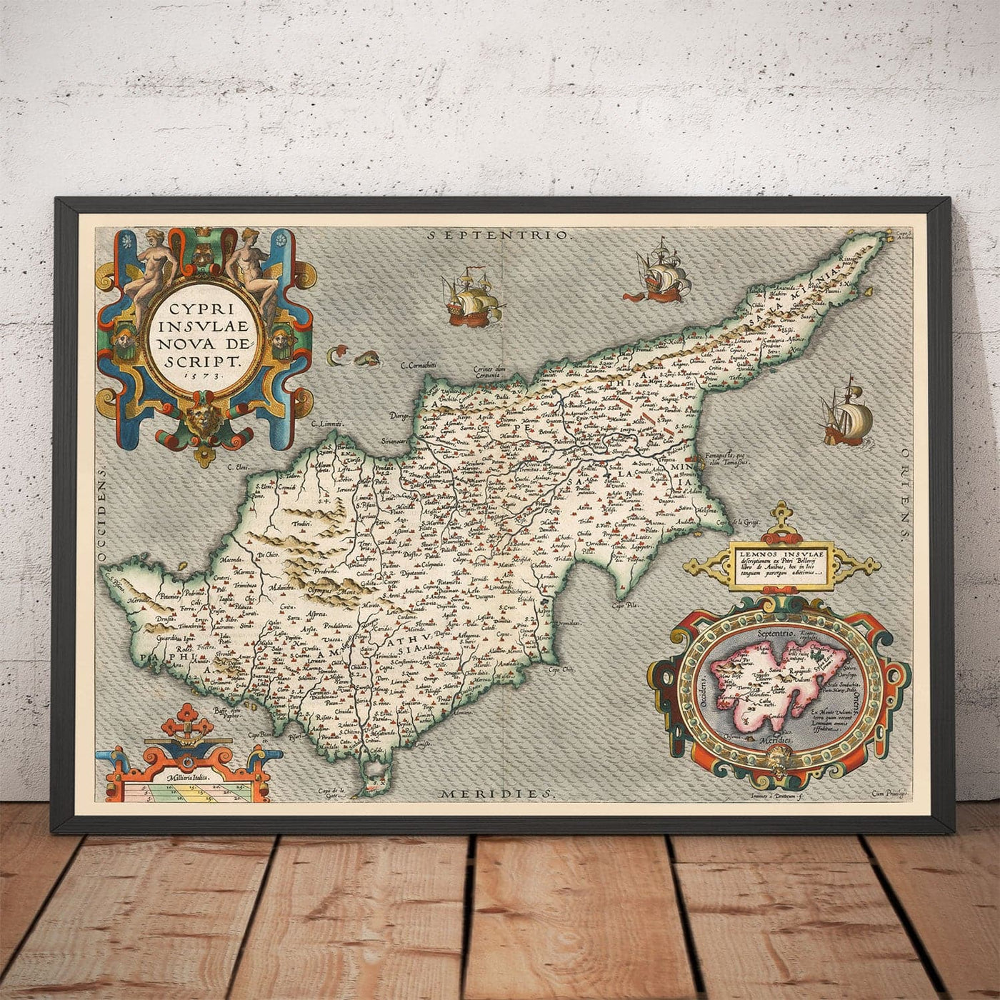 Rare ancienne carte de Chypre par Abraham Ortelius, 1573 - Nicosie, Kyrenia, Famagousta, Limassol, Pafos