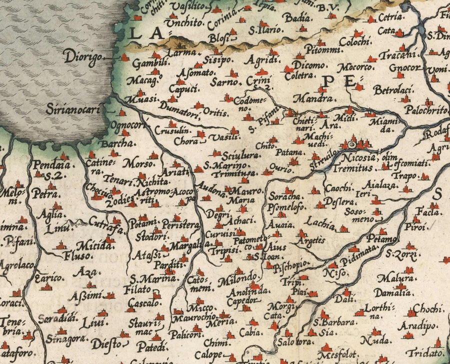 Rara Mappa Antica di Cipro di Abraham Ortelius, 1573 - Nicosia, Kyrenia, Famagosta, Limassol, Pafos 