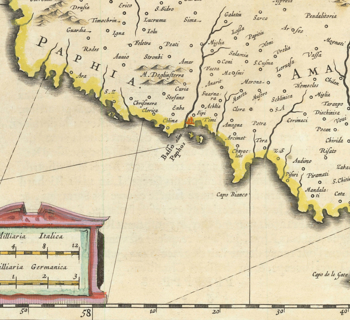 Old Map of Cyprus by Willem Blaeu, 1640 - Nicosia, Kyrenia, Famagusta, Limassol, Pafos, Larnaca
