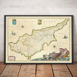 Ancienne carte de Chypre de Willem Blaeu, 1640 - Nicosie, Kyrenia, Famagousta, Limassol, Pafos, Larnaca
