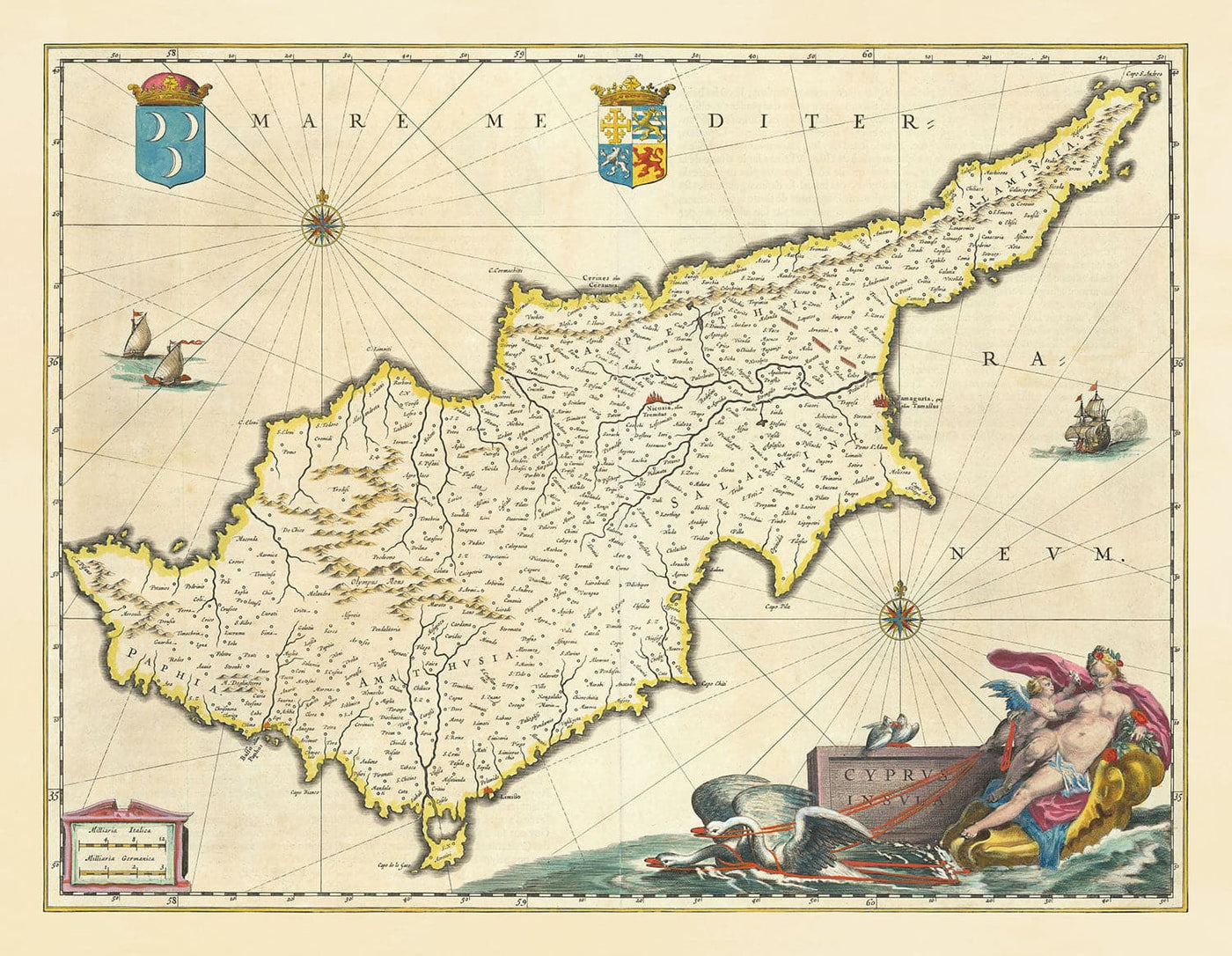 Old Map of Cyprus by Willem Blaeu, 1640 - Nicosia, Kyrenia, Famagusta, Limassol, Pafos, Larnaca
