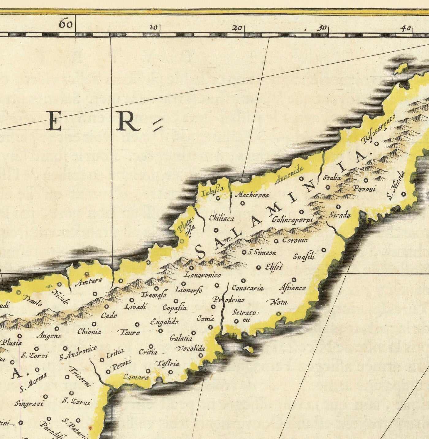 Mapa antiguo de Chipre por Willem Blaeu, 1640 - Nicosia, Kyrenia, Famagusta, Limassol, Pafos, Larnaca