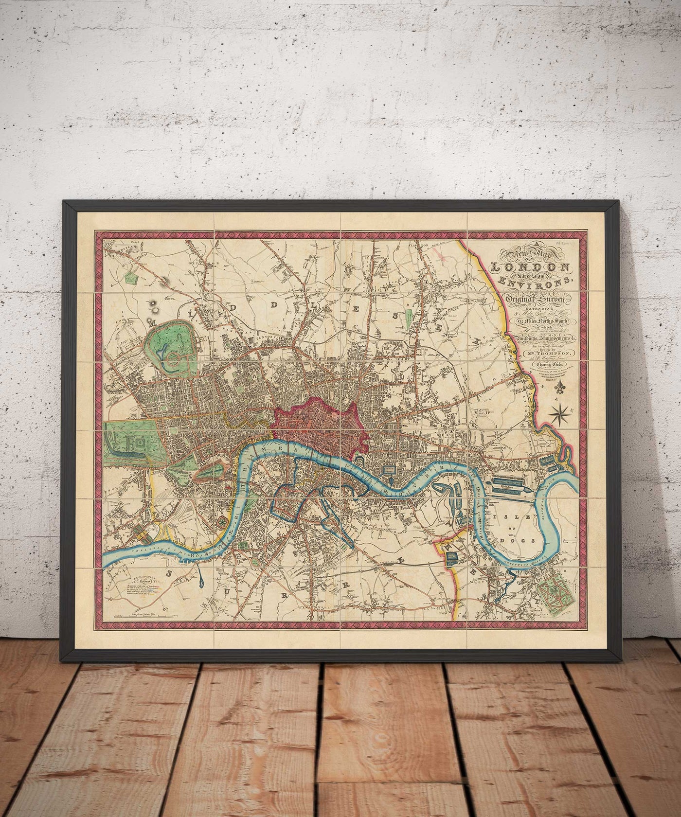 Ancienne carte de Londres et de ses environs en 1822 par Thompson - Isle of Dogs, Bermondsey, Deptford, Covent Garden, Westminster