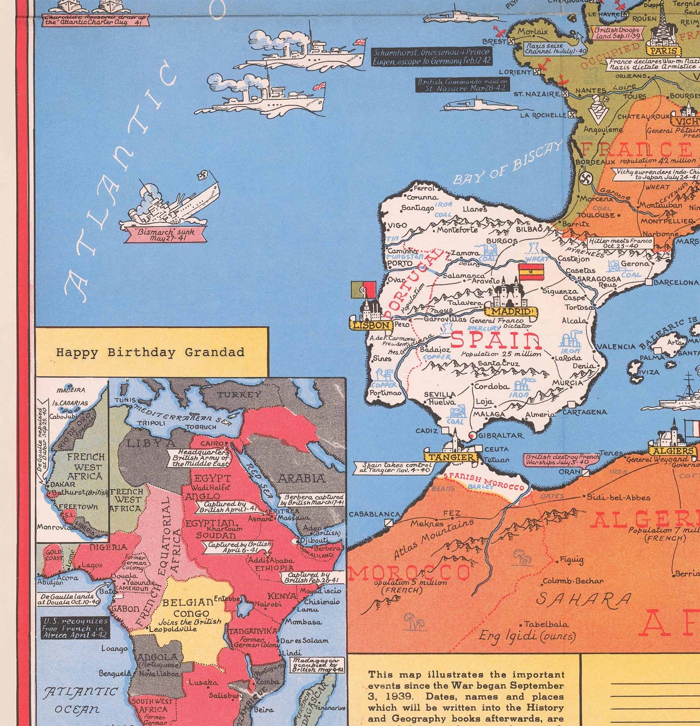 Ancienne carte de la Seconde Guerre mondiale du Pacifique et de Tokyo en 1942 par Stanley Turner - "Événements datés" Invasion du Japon et de l'Extrême-Orient