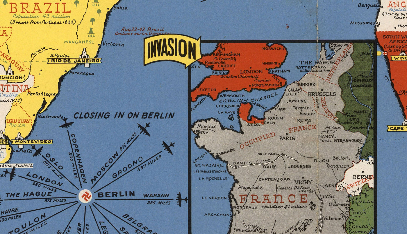 Old World War 2 Carte - "Événements datés" WW2 Tableau éducatif historique de Stanley Turner