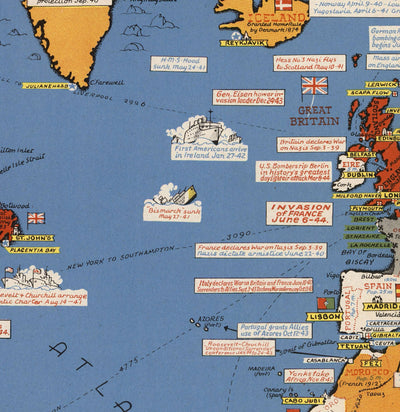 Old World War 2 Map - "Dated Events" WW2 Historical Educational Chart by Stanley Turner