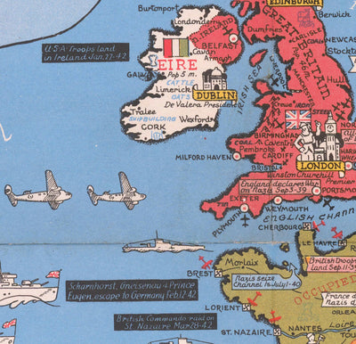 Old World War 2 Carte, 1942 par Stanley Turner - "Événements datés" Carte d'histoire WW2