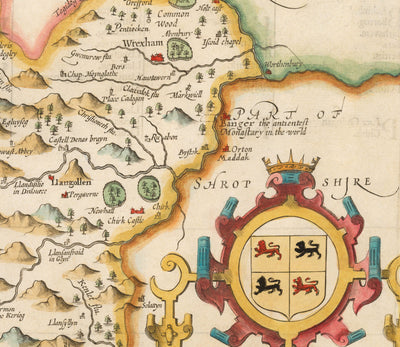 Alte Karte von Denbighshire Wales 1611 von John Speed ​​- Denbigh, Wrexham, Llandudno, Herzele