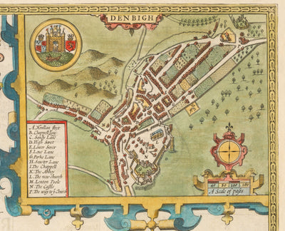 Mapa antiguo de Denbighshire Gales 1611 de John Speed ​​- Denbigh, Wrexham, Llandudno, Abergele