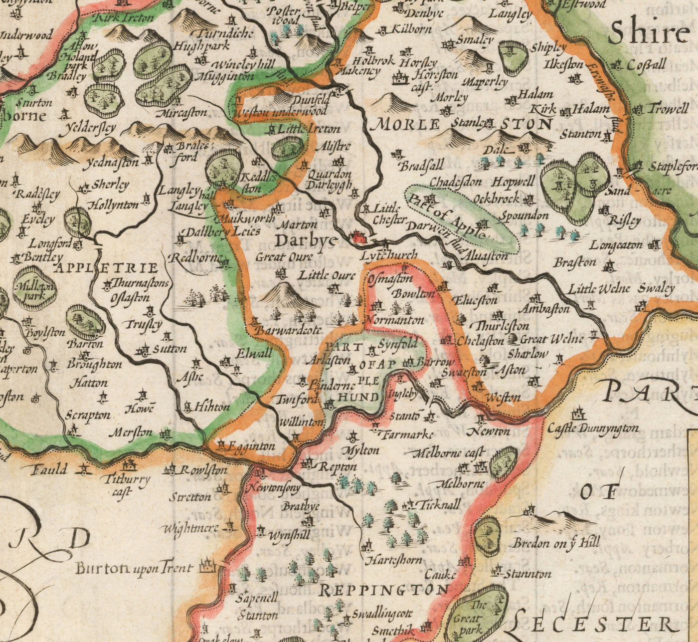 Alte Karte von Derbyshire, 1611 von John Speed ​​- Derby, Chesterfield, Buxton, Peak District
