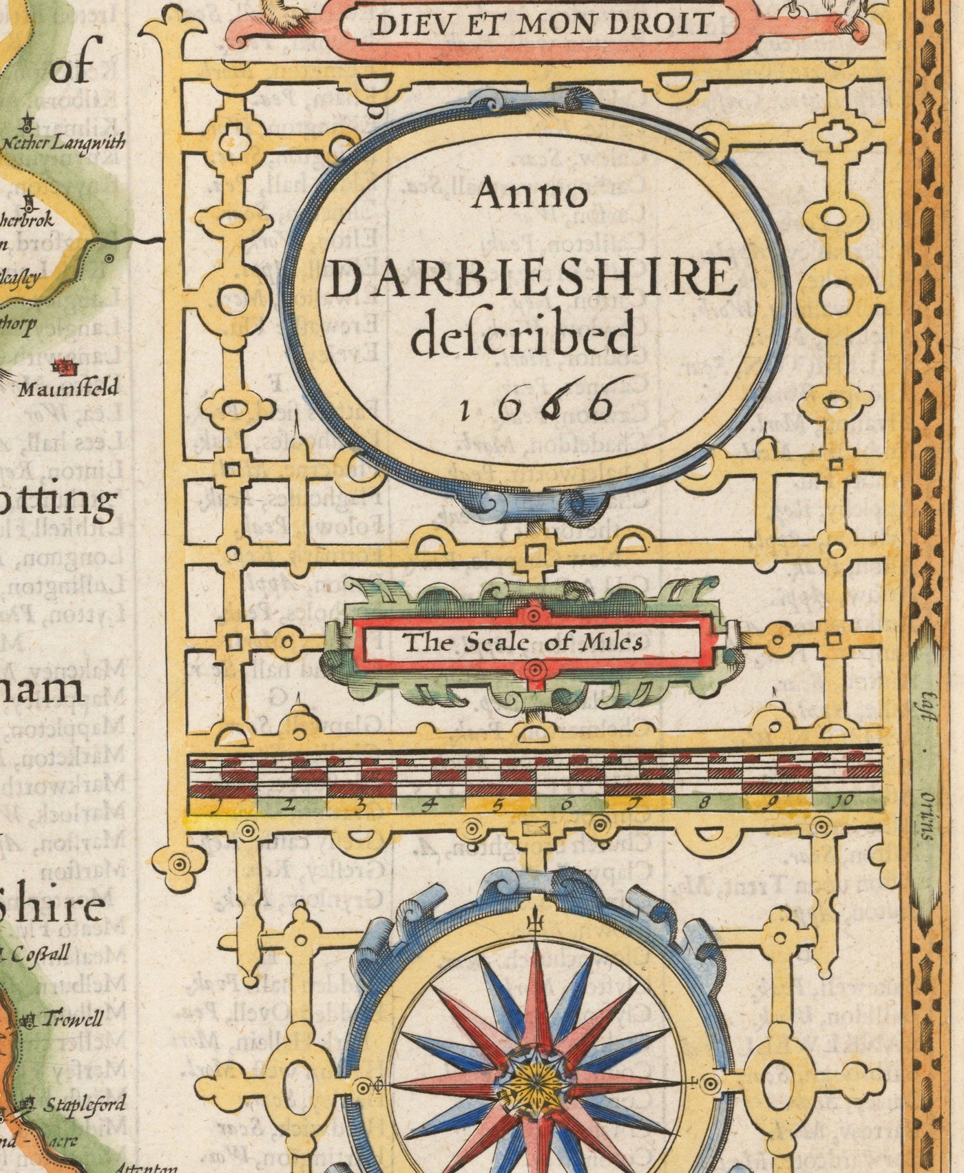 Ancienne carte de Derbyshire, 1611 par John Speed ​​- Derby, Chesterfield, Buxton, Peak District
