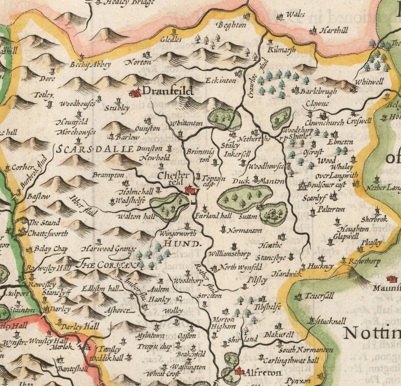 Ancienne carte de Derbyshire, 1611 par John Speed ​​- Derby, Chesterfield, Buxton, Peak District