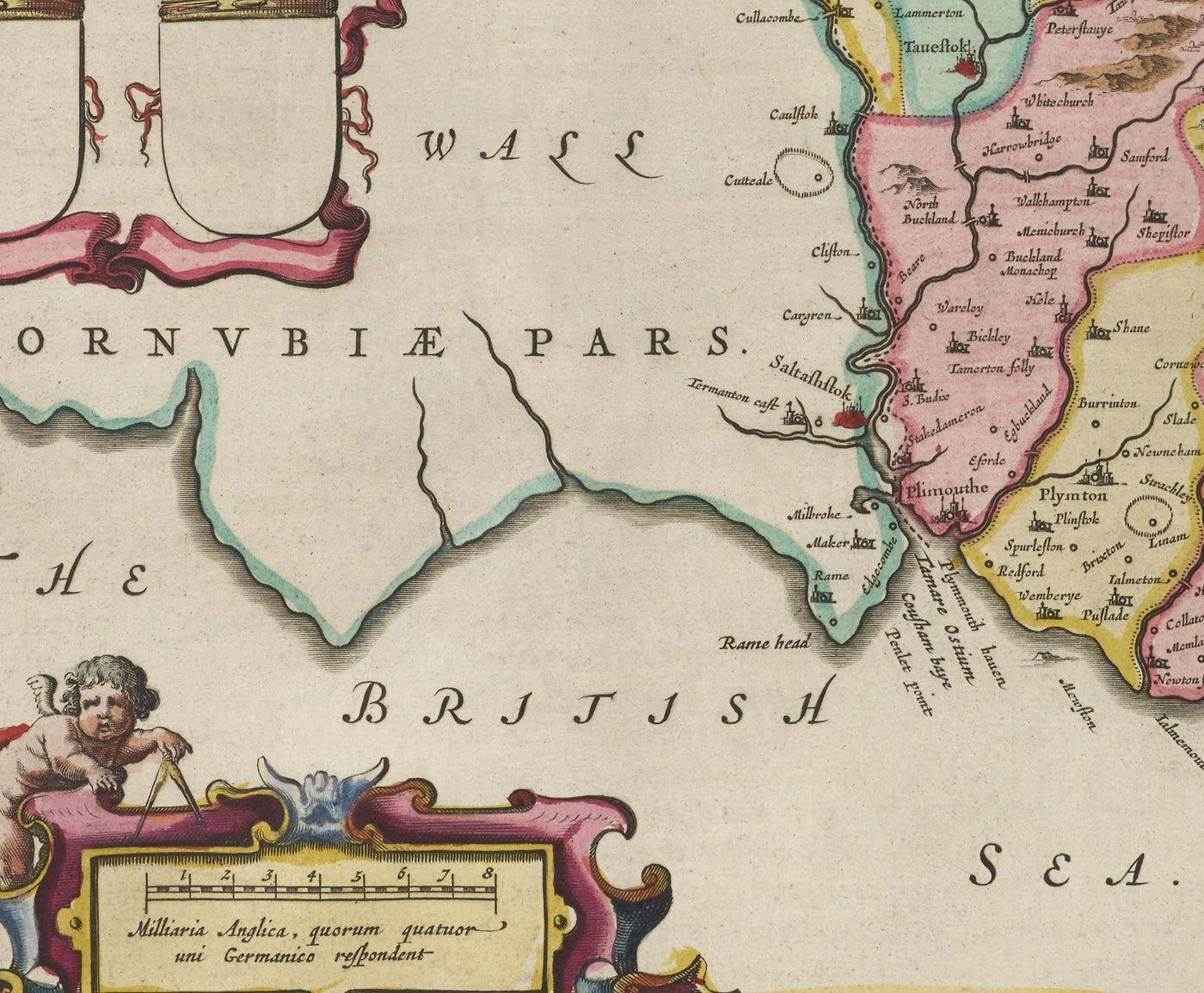 Viejo mapa de Devon en 1665 por Joan Blaeu - Plymouth, Exeter, Torquay, Paignton, Exmouth, Barnstaple, País Oeste
