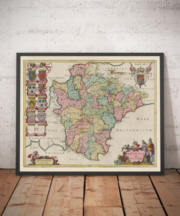 Viejo mapa de Devon en 1665 por Joan Blaeu - Plymouth, Exeter, Torquay, Paignton, Exmouth, Barnstaple, País Oeste